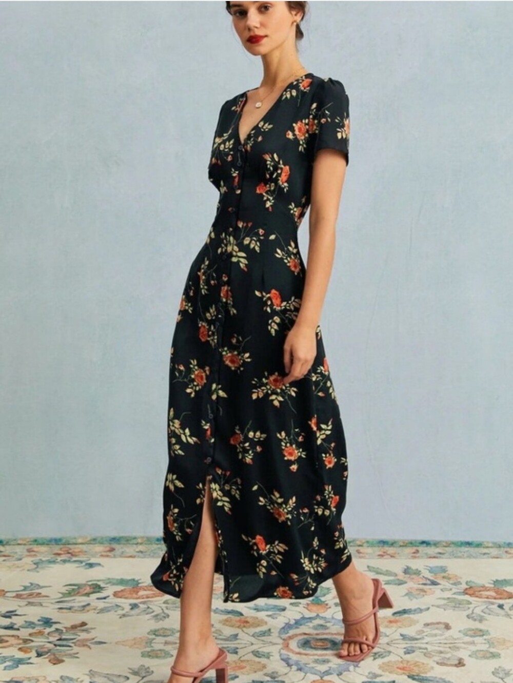 Rihoas Black Floral Button-Front Midi Skirt